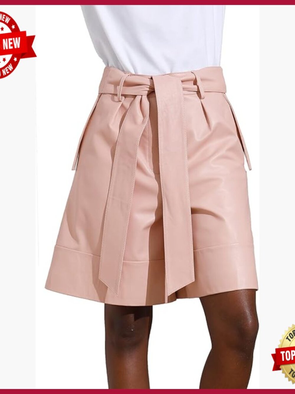 High Waisted Wide Leg Paperbag Leather Shorts with Belt